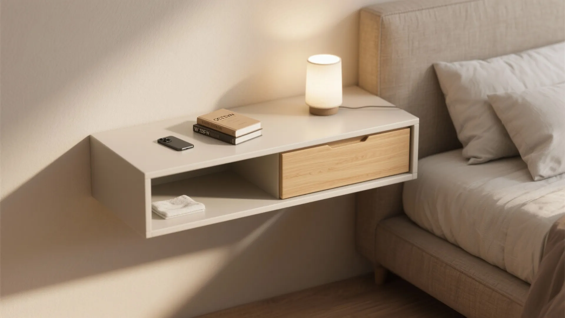 Shallow floating bedside cabinet with wood veneer, phone and book on top, showing clear floor space underneath.