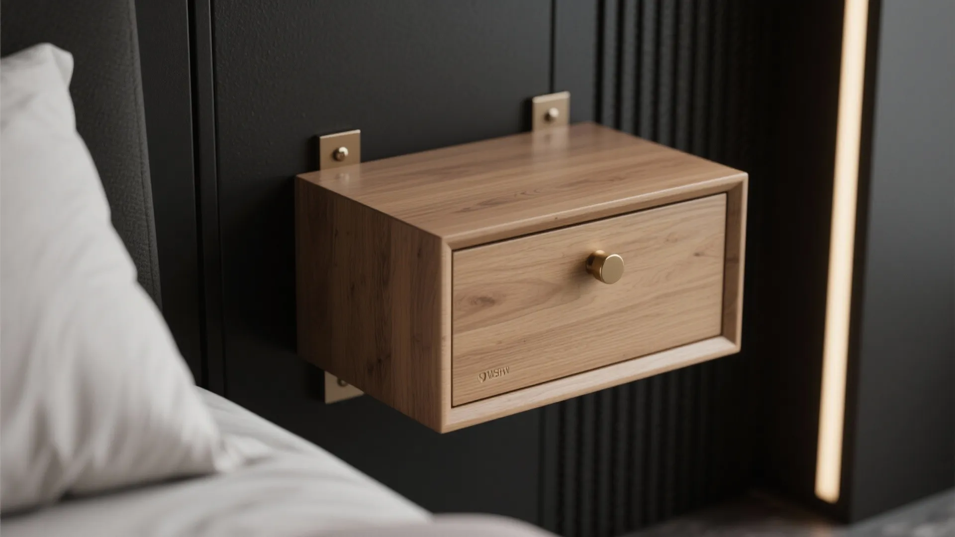 Close-up of a floating oak bedside drawer mounted on a matte black wall panel with brass hardware