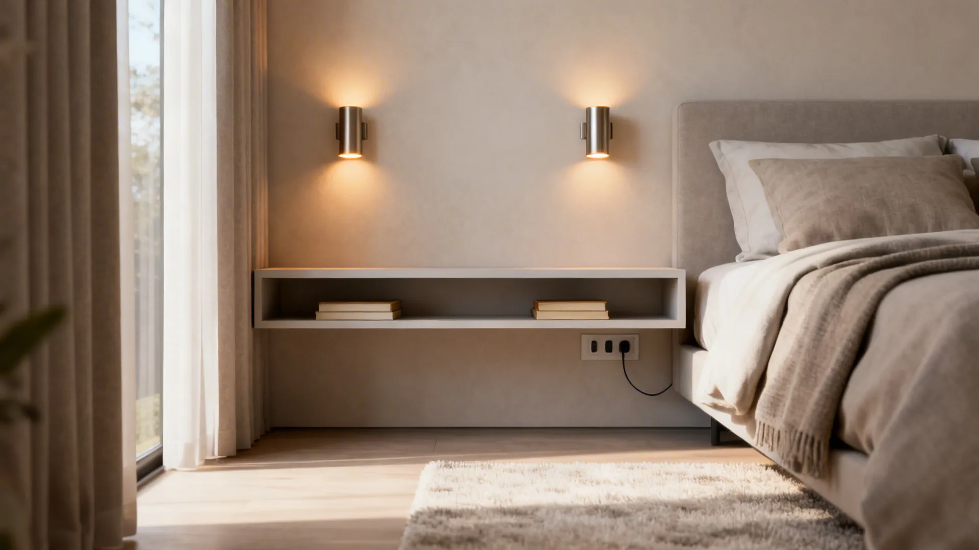 2. Floating bedside tables and wall-mounted lighting