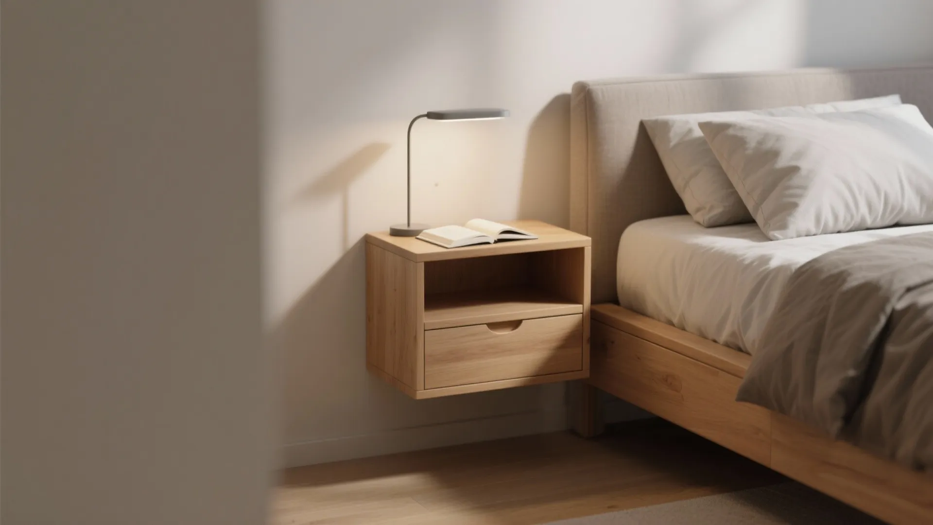 Wooden floating bedside table with a small lamp and open book next to a bed