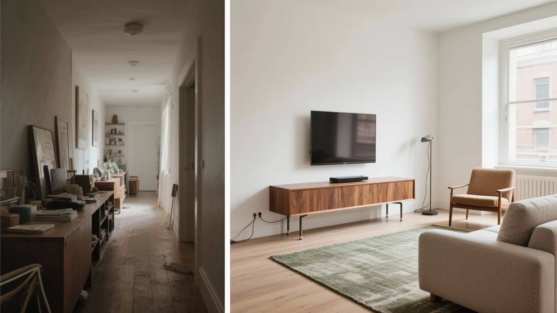 Before and after comparison showing a messy hallway transformed into a clean modern living room