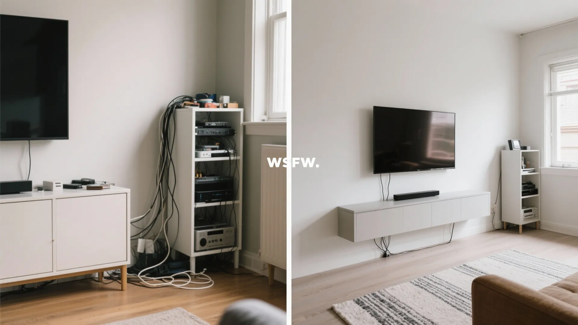 1) Minimalist floating media wall with hidden cable spine