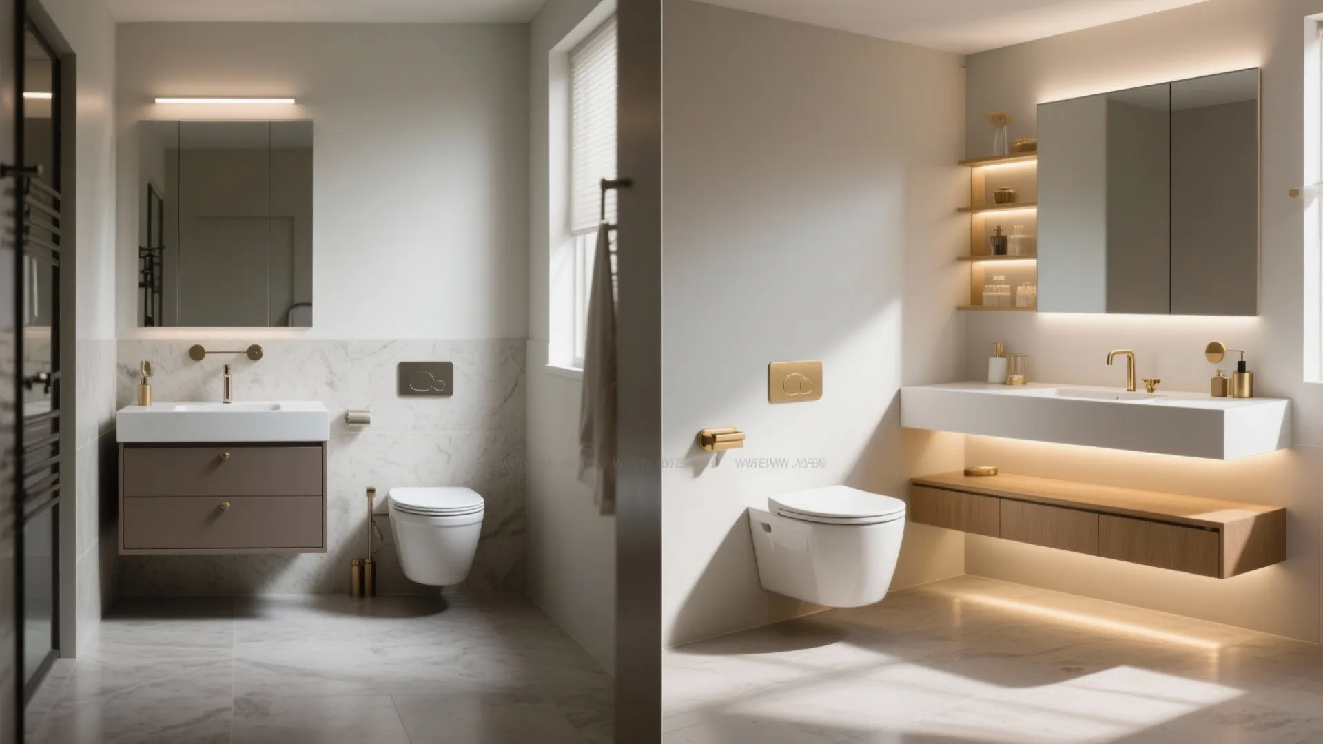 Before and after comparison showing a bathroom renovation with new wall hung toilet and vanity