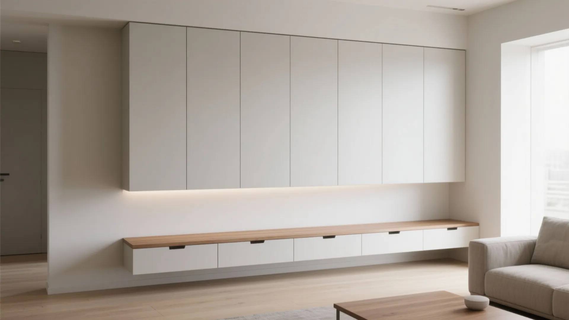 Floating Wall Cupboards with a Low Bench