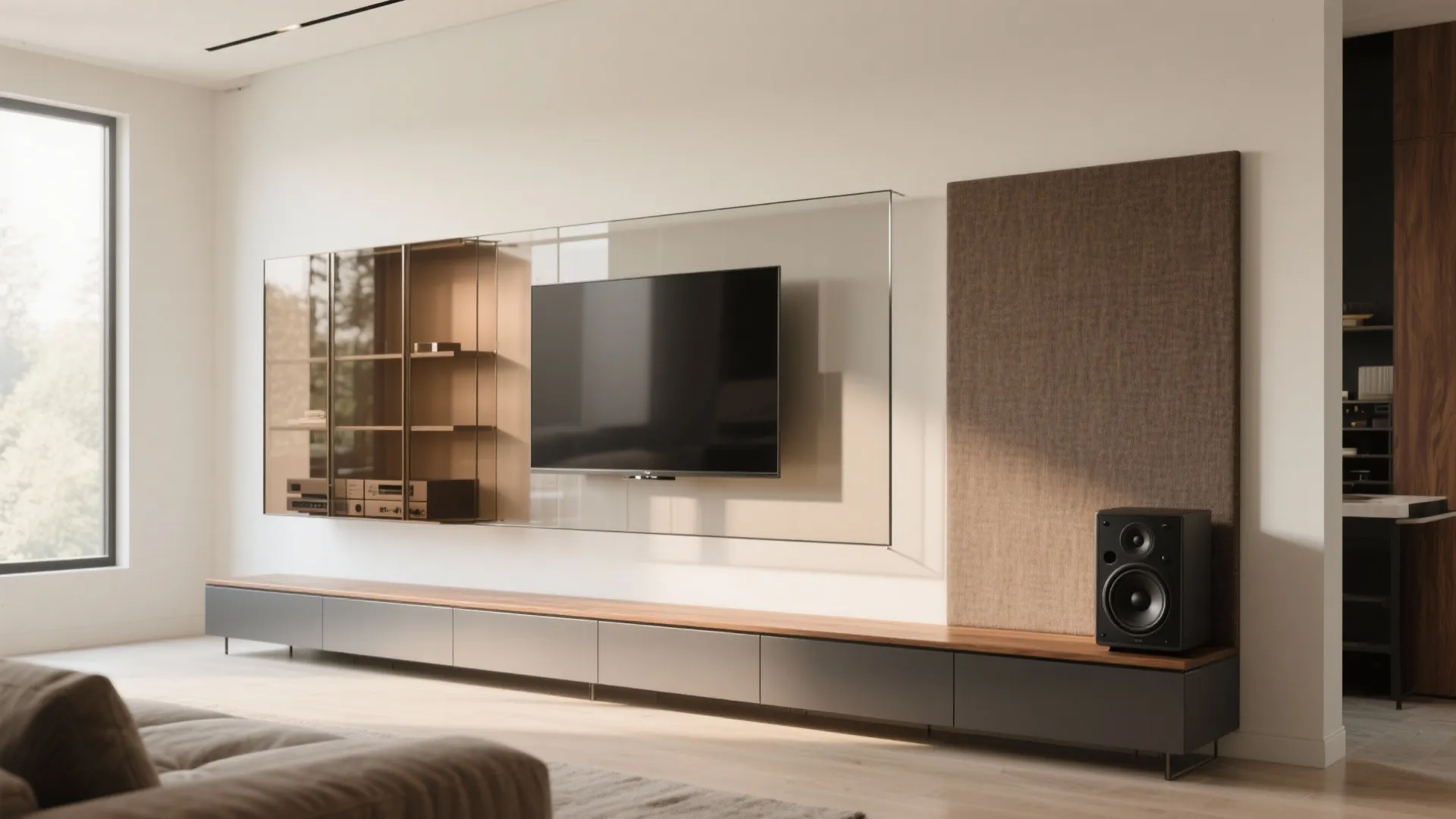 2) Floating Glass TV Cabinet and Low-Line Bench