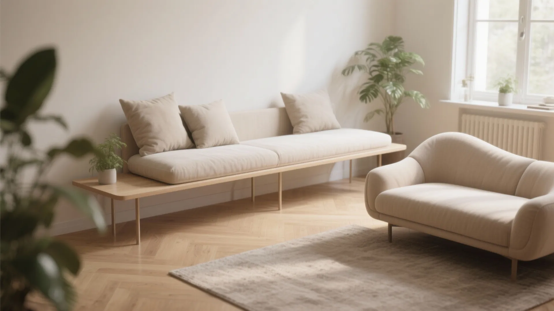 Minimalist living room showing wooden bench beige sofa green plants rug and light wood floor design