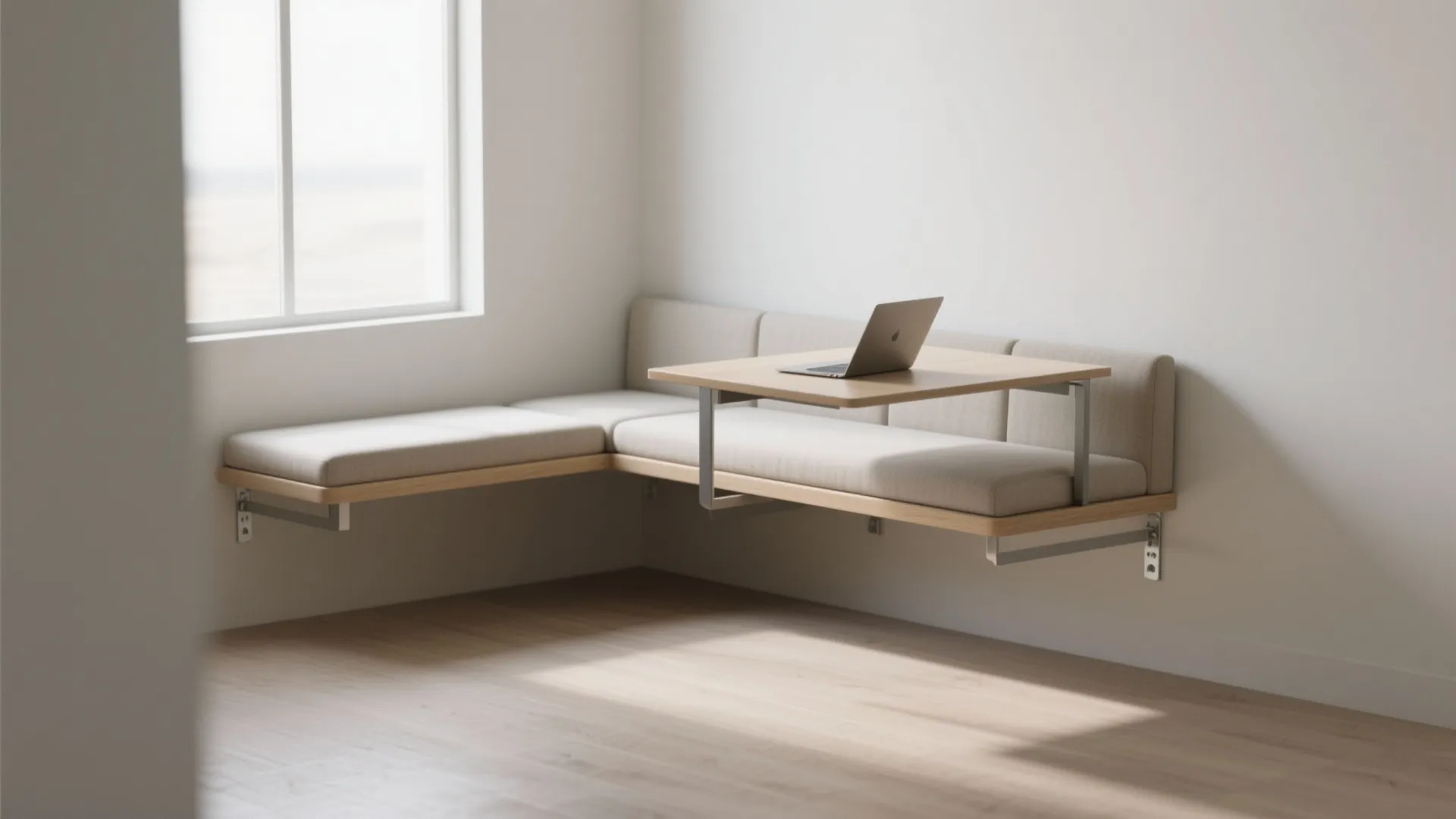 Floating L shaped wall bench with attached wooden small table holding a silver laptop computer