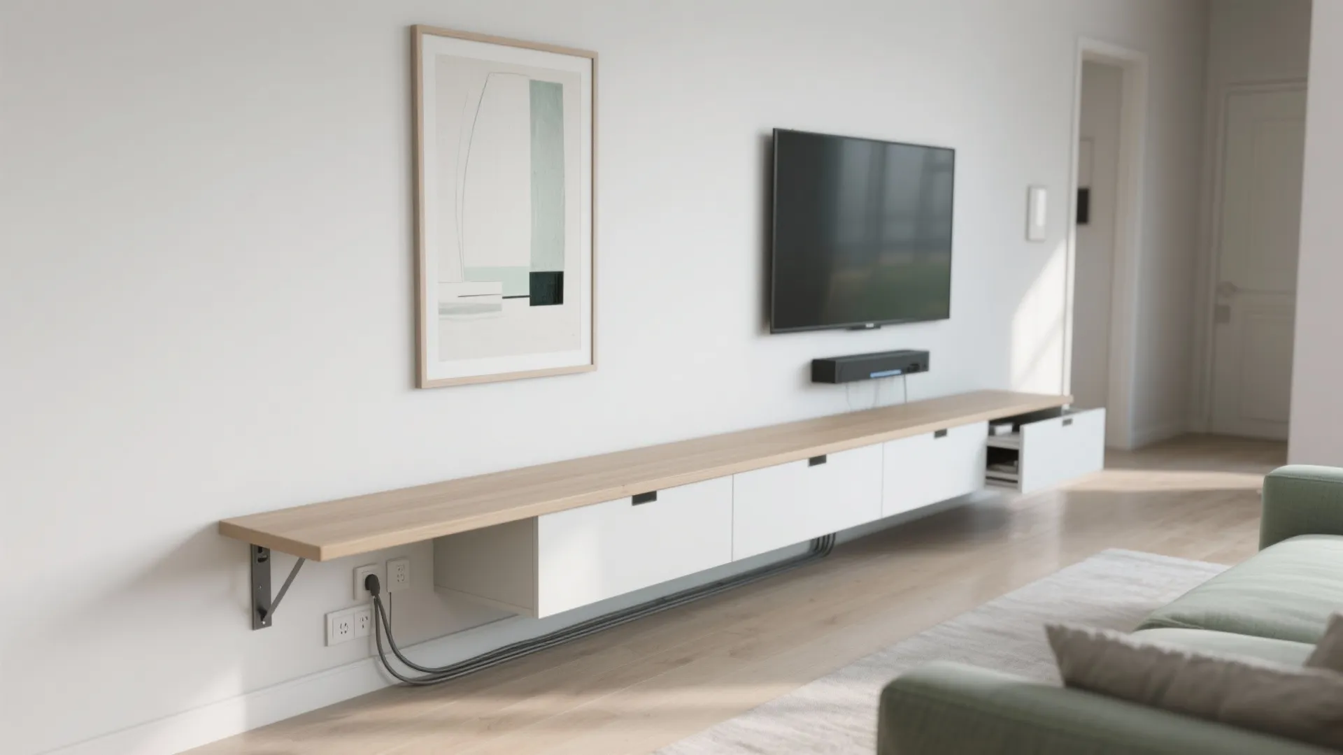 Modern wall mounted white and wood cabinet below a television in a bright living room
