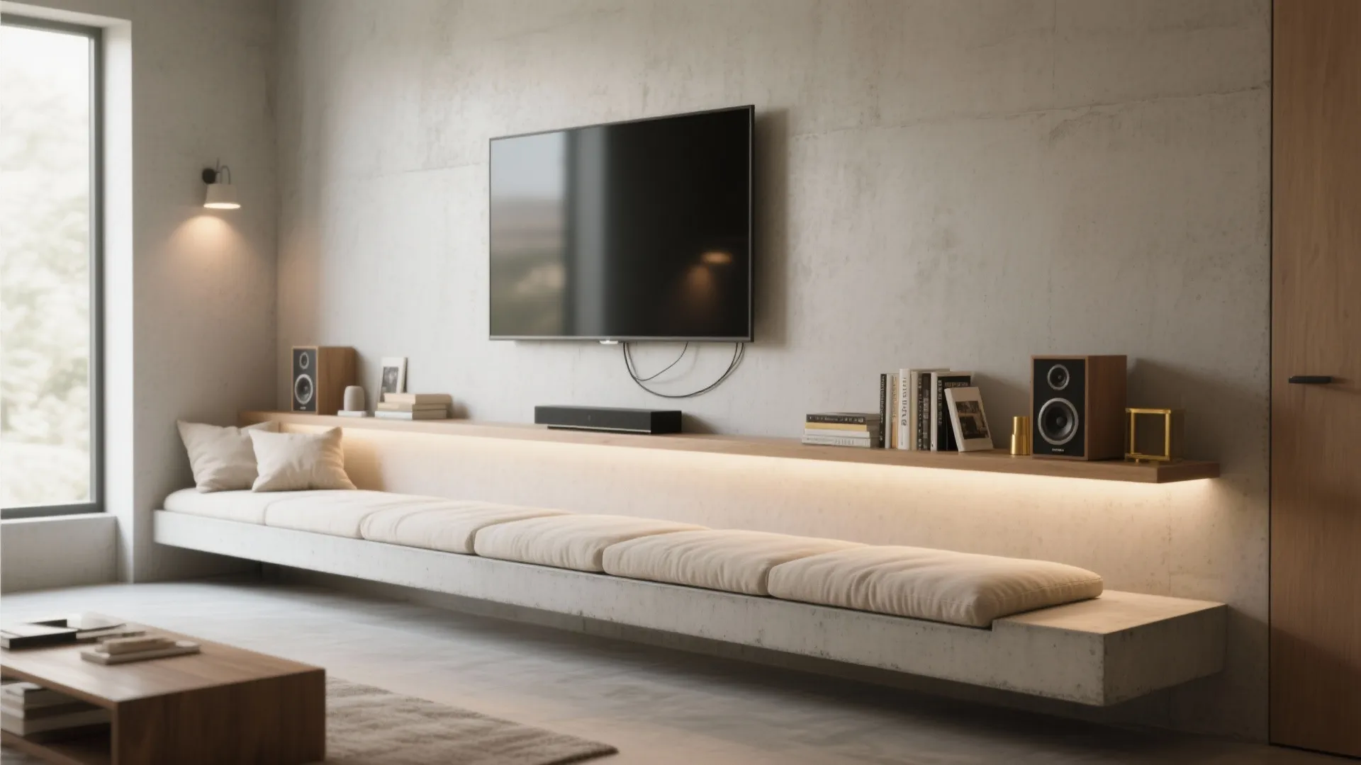 Modern living room with floating concrete bench sofa and wall mounted television with soft lighting