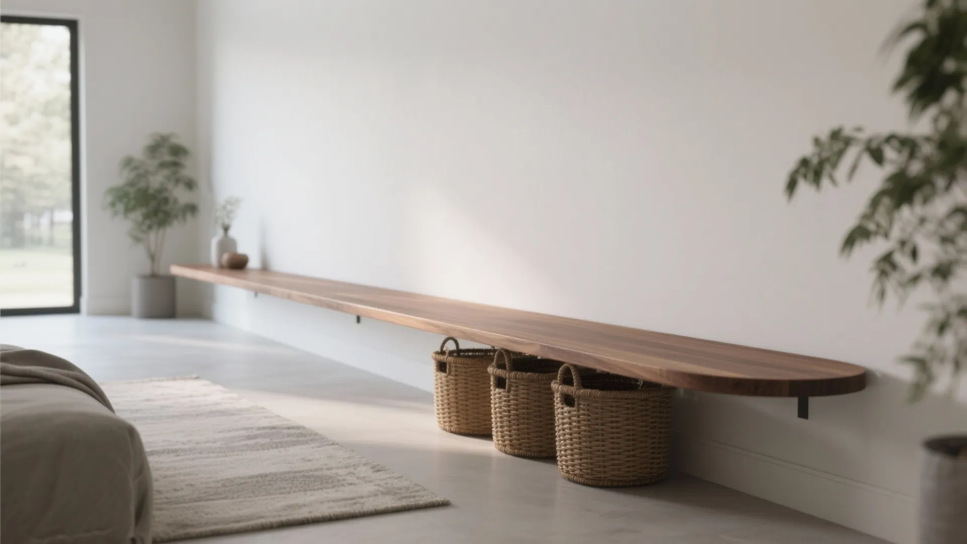 Slim Floating Bench Along the Longest Wall
