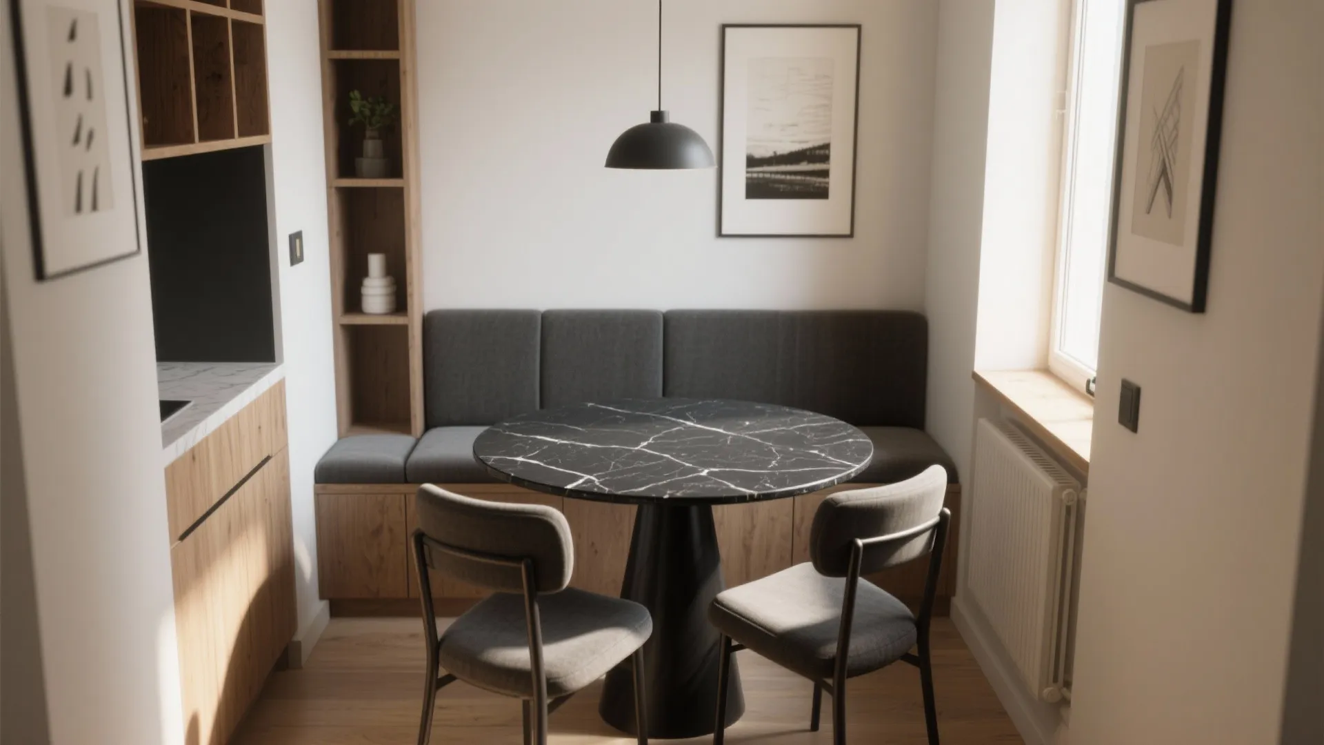 Narrow dining nook with a black granite table and a built-in floating bench with cushions.