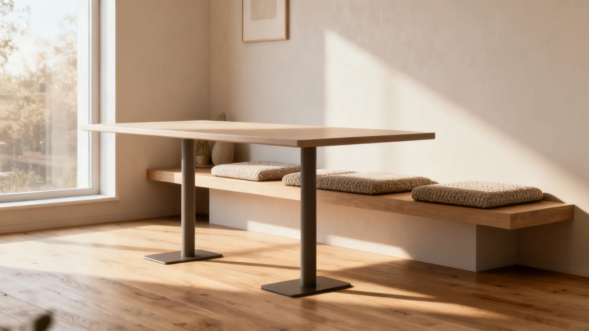 Narrow rectangular table with a wall-mounted floating bench and cushions in a small dining nook