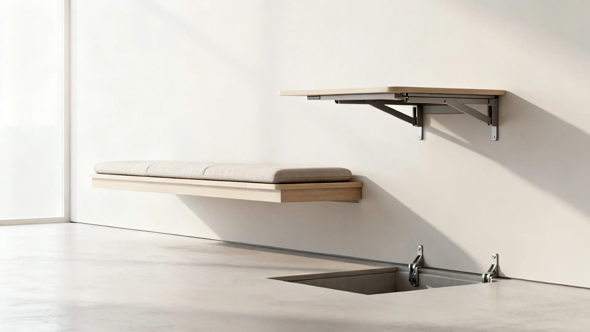 Wall mounted folding table and floating bench with cushion in a minimalist white interior space