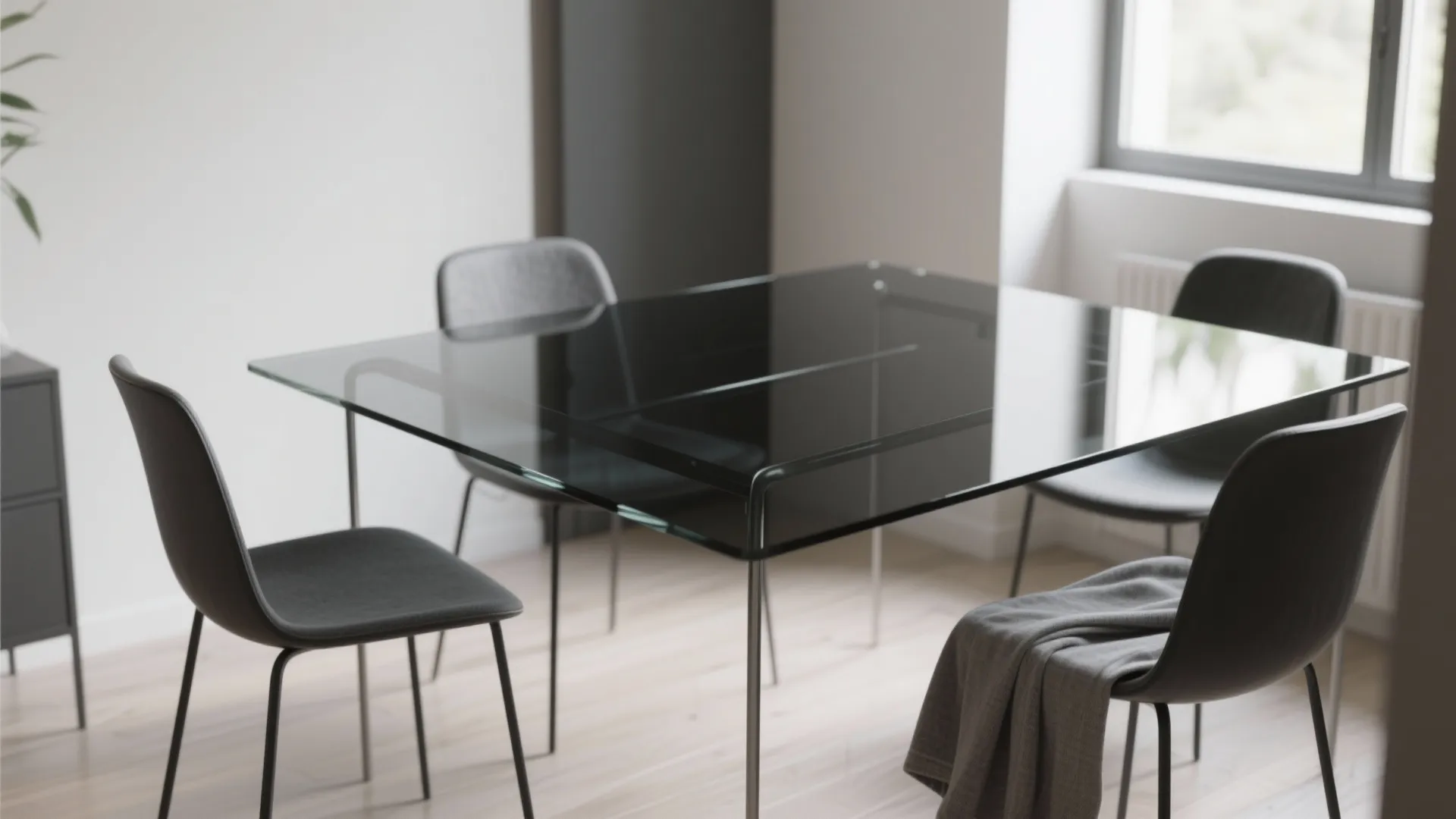1. Floating Black Glass with Slim Metal Legs