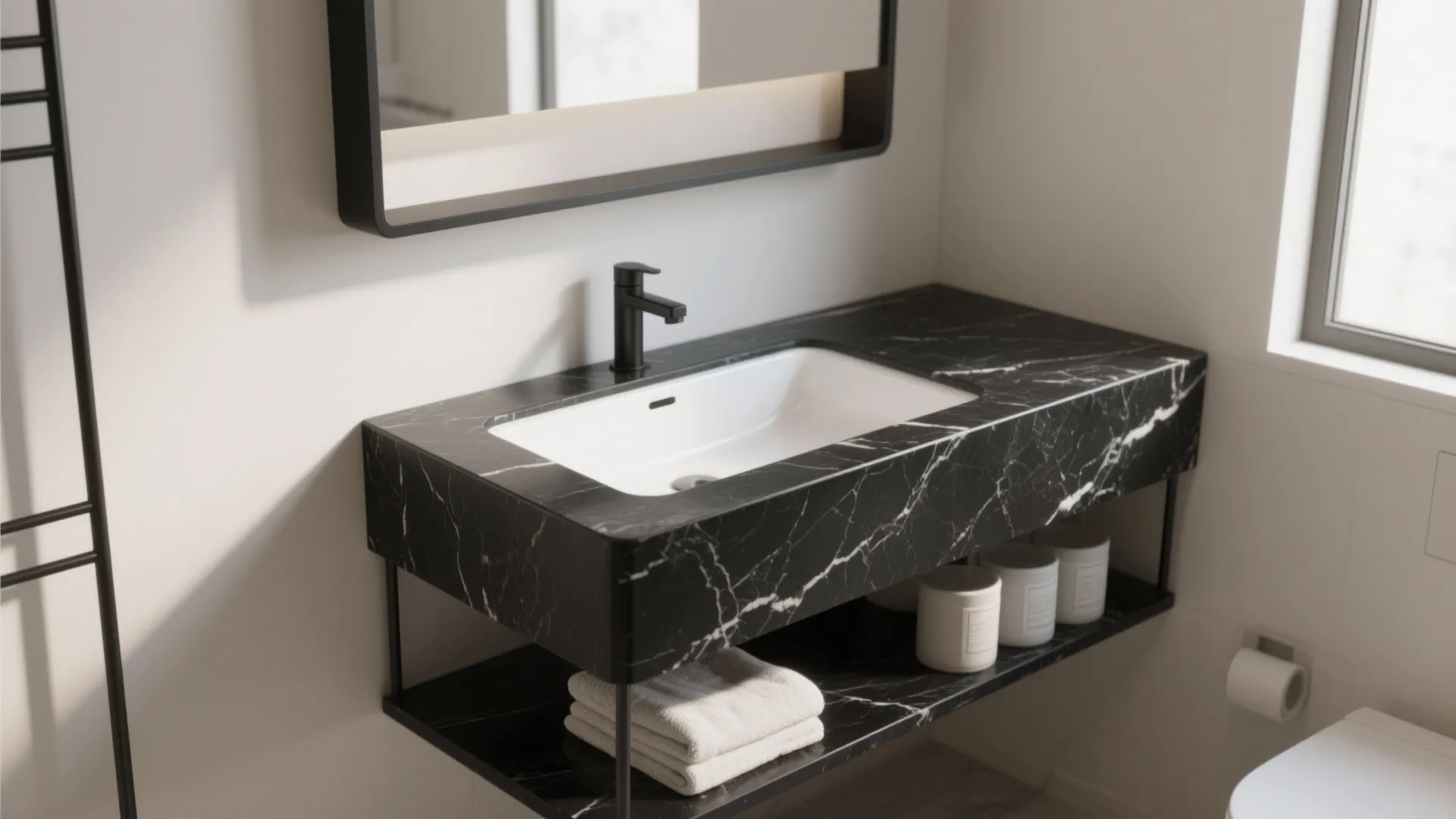 1. Floating black marble slab vanity