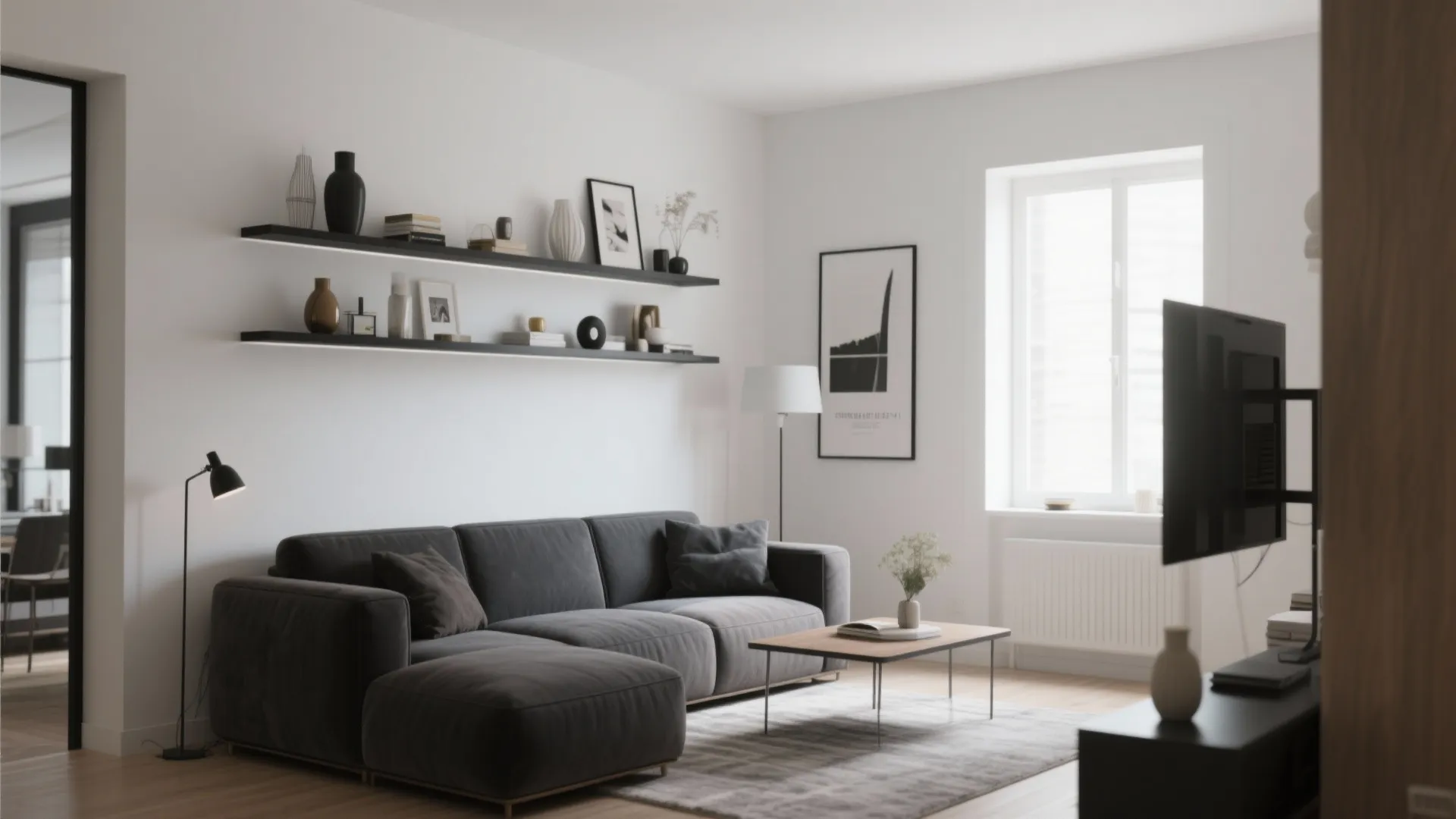 Modern living room with dark grey sofa wood coffee table floating wall shelves and large window