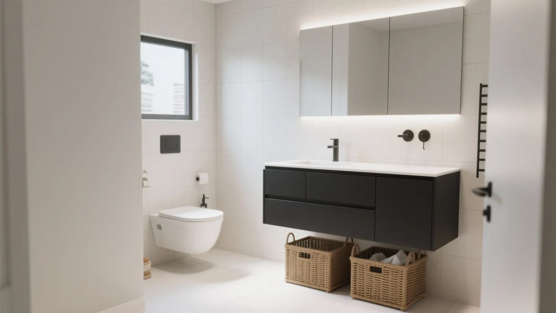 Bright bathroom with white tiles showing black floating cabinet and two brown wicker storage baskets