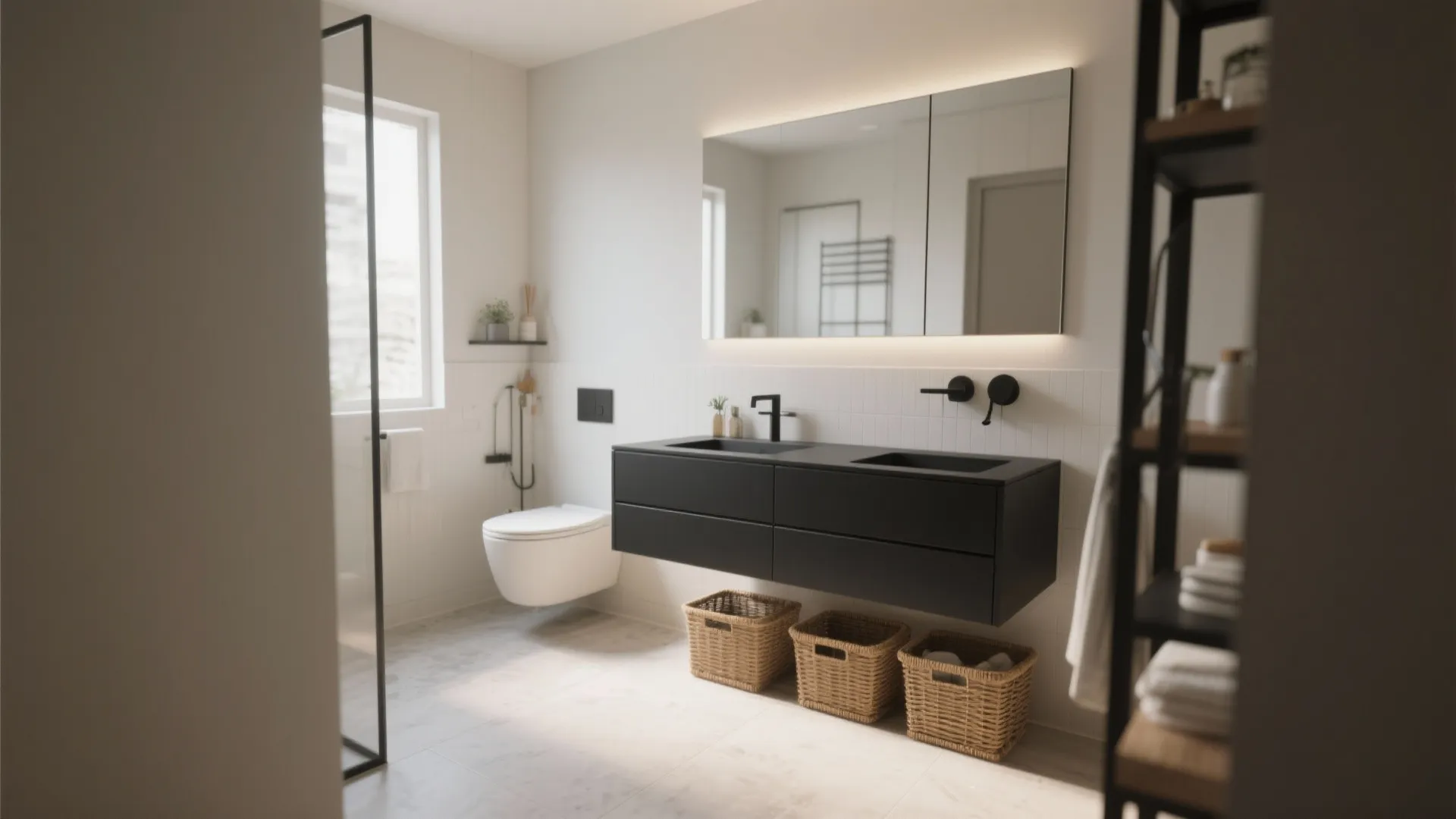 Floating black vanity with storage baskets underneath