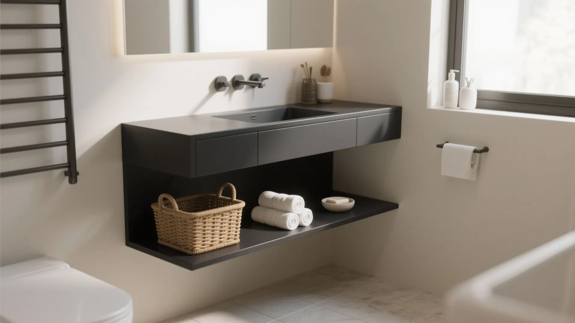 1. Slim floating black vanity with open shelf
