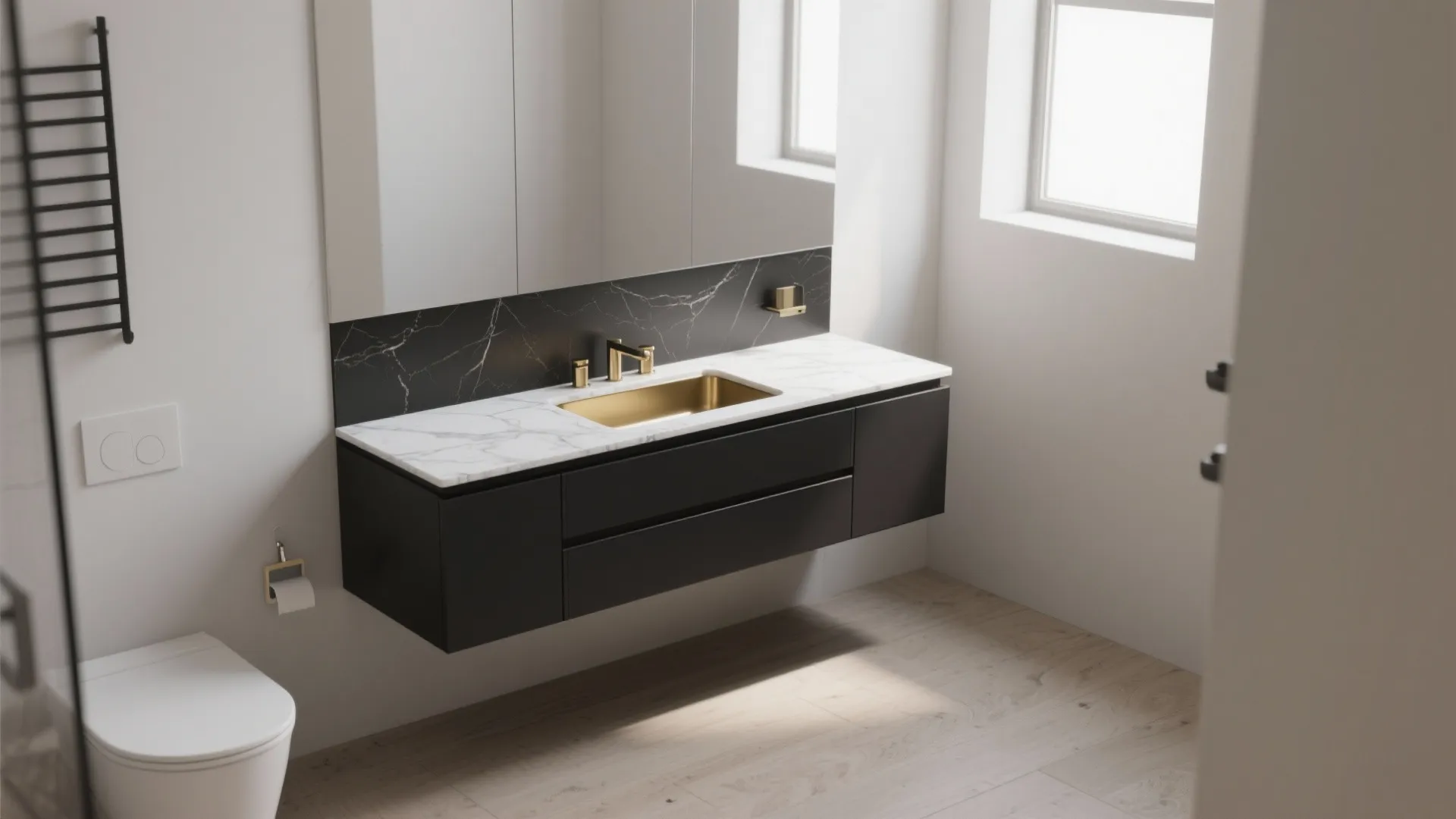 2. Floating black vanity with integrated marble top