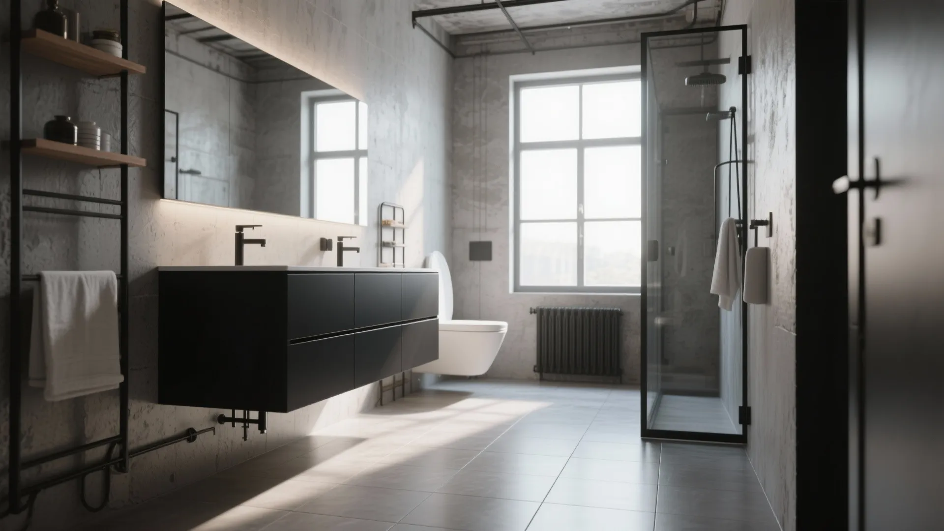 Industrial bathroom featuring a floating black cabinet and glass shower next to a large window