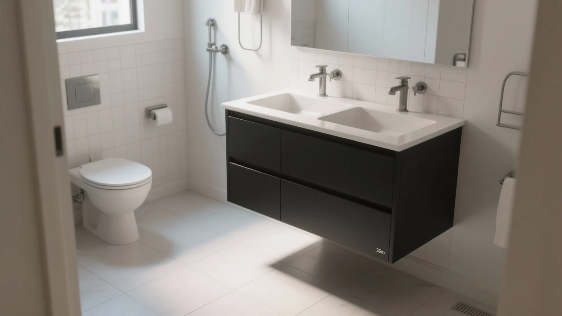 3. Floating 36-inch black vanity to expand floor space