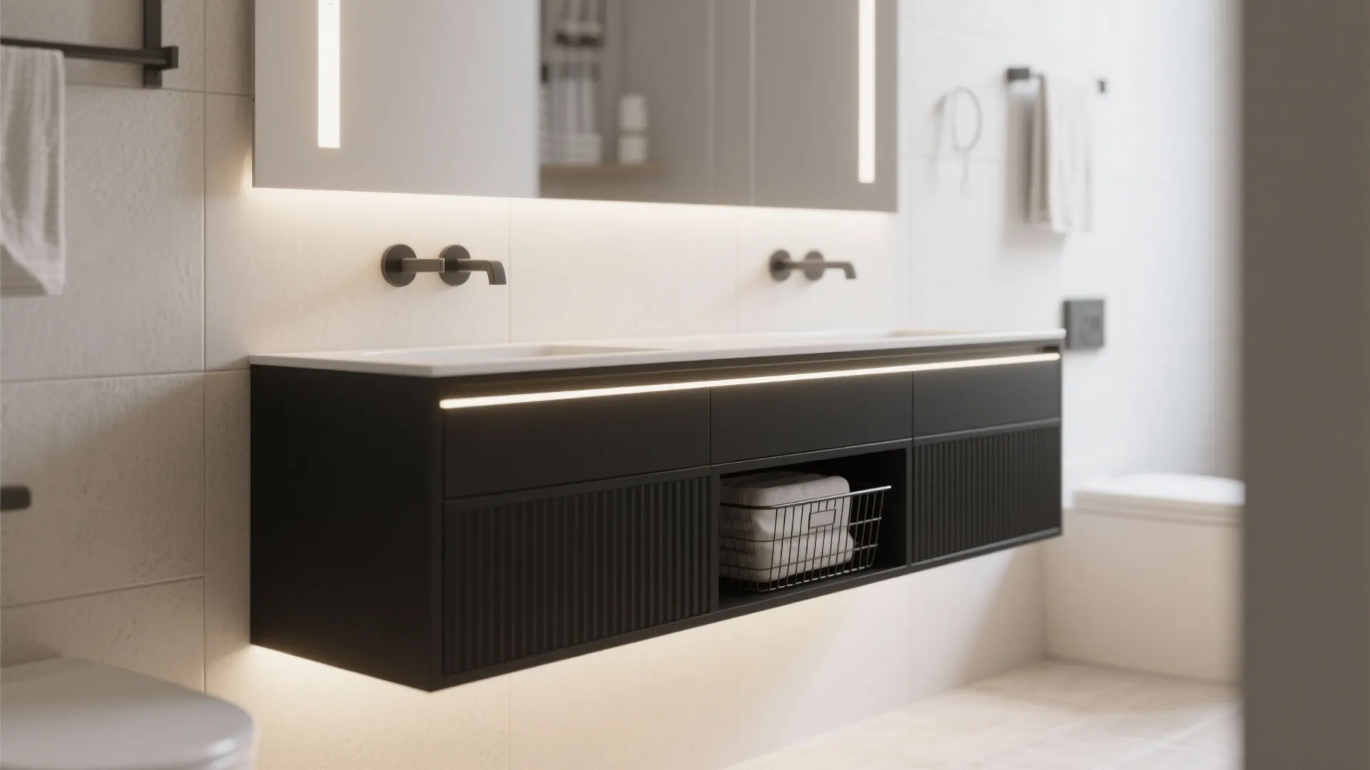 4. Floating 36" black vanity for visual space