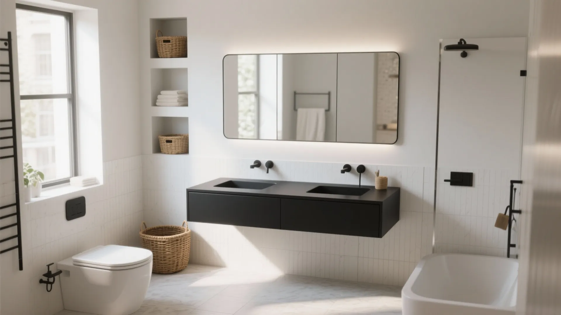 2. Floating black vanity for visual space