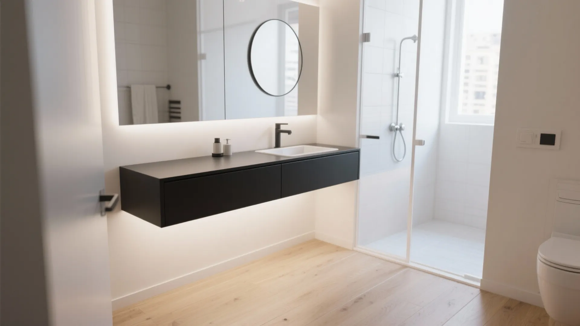 2. Floating black vanity to open floor space
