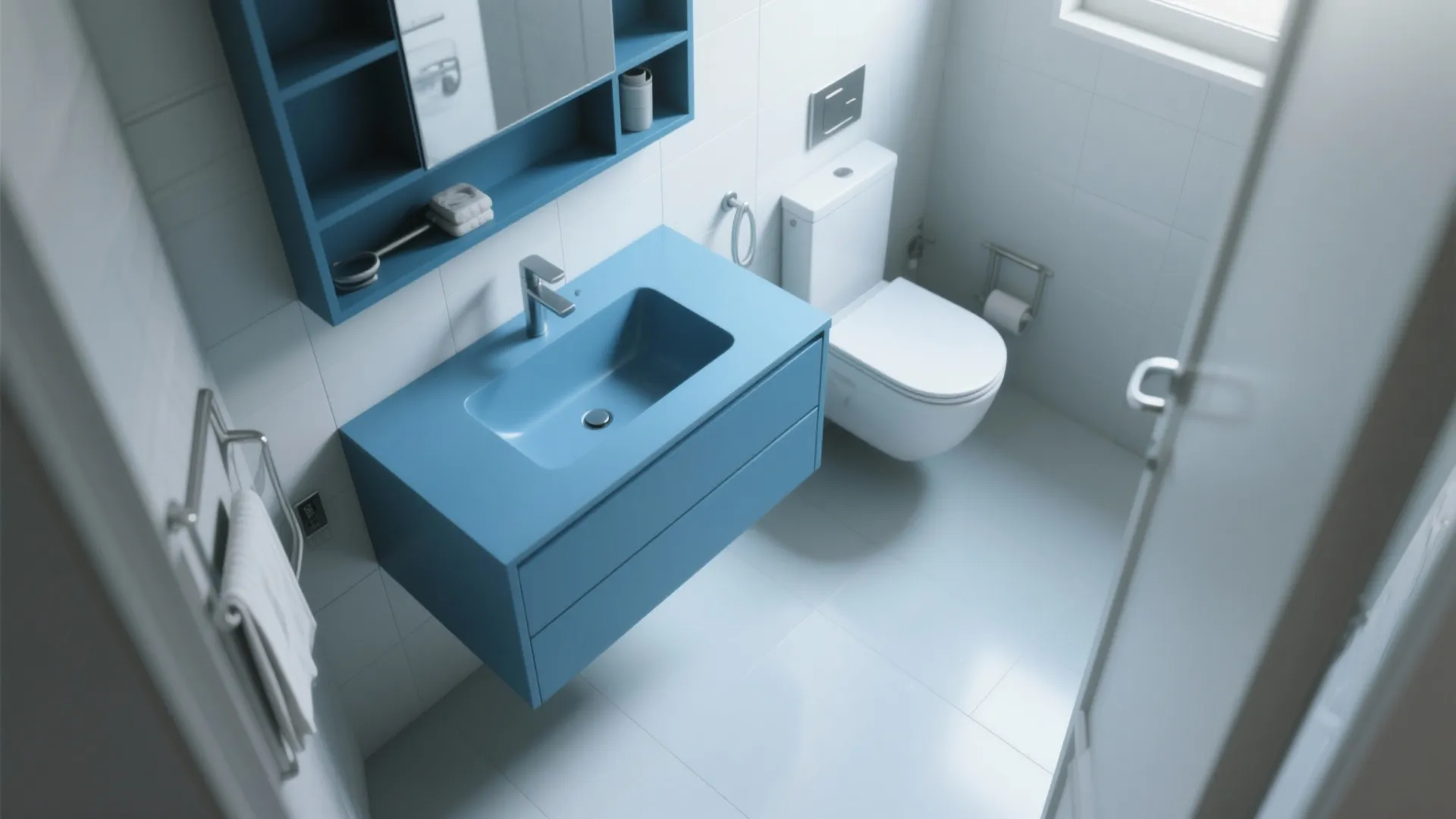 5. Compact Floating Blue Vanity for Maximum Floor Space