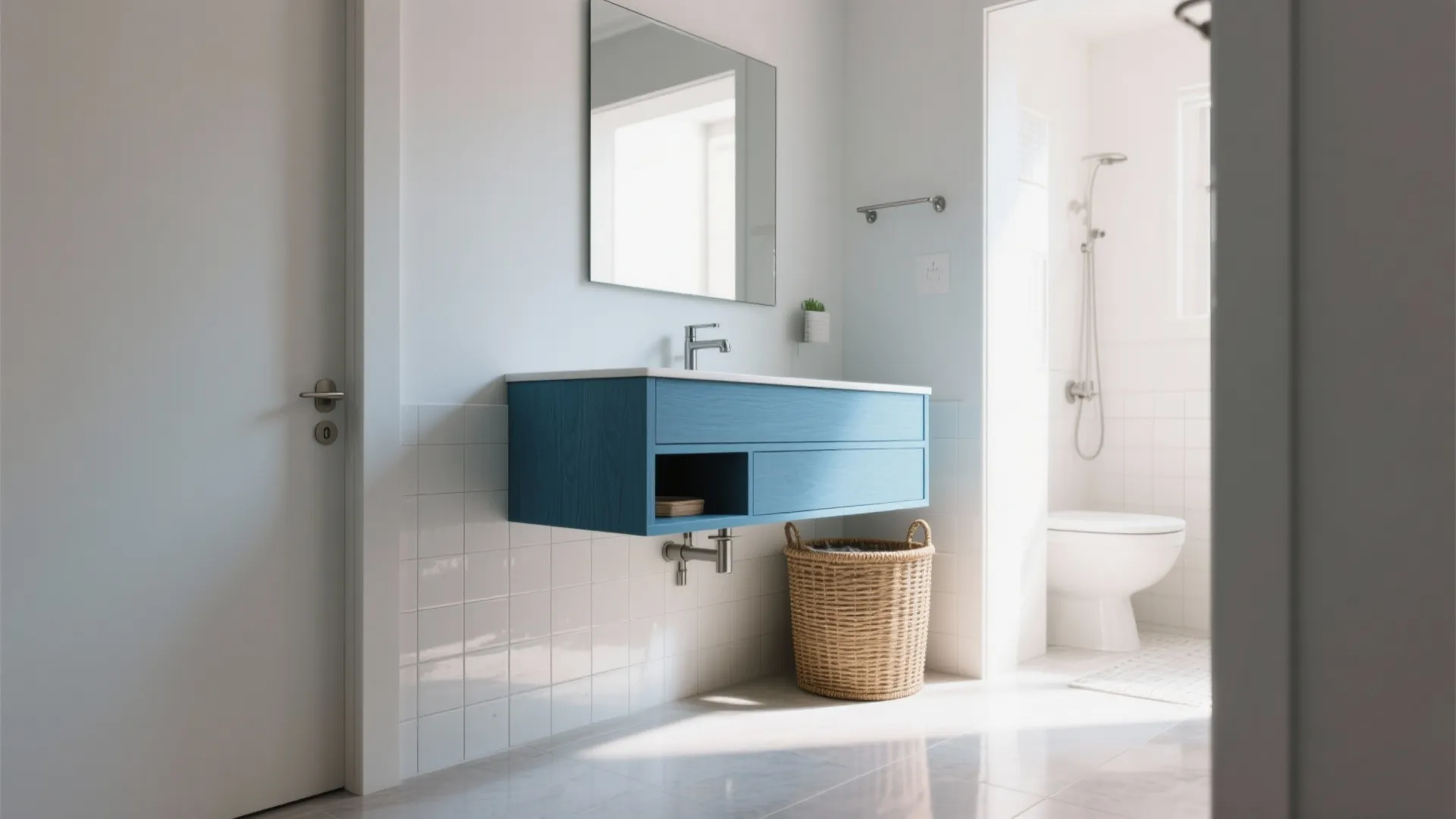 2. Floating blue vanity to create visual space
