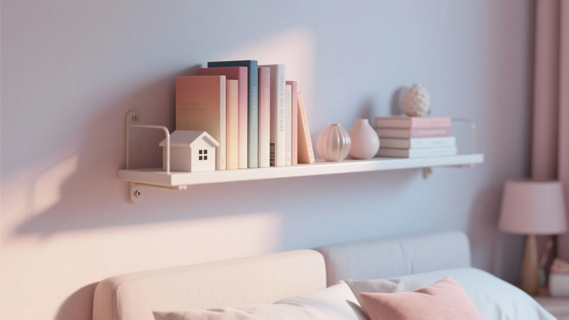 Floating shelf above bed with curated ombré book spines and soft pastel backdrop.