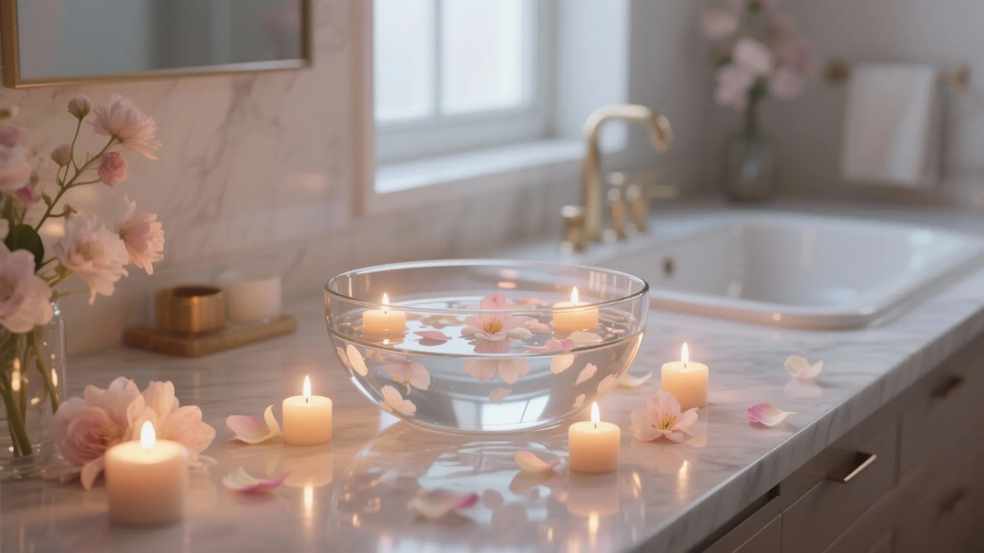 Floating candles with petals in a glass bowl on a bathroom counter