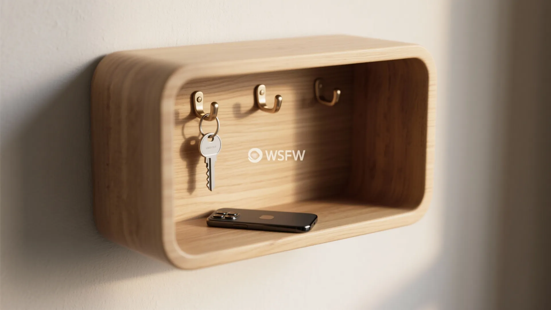 Modern wooden floating wall shelf with gold hooks holding keys and a smartphone inside box