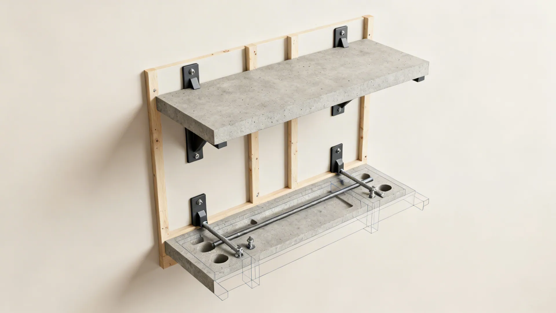 Top-down visualization of floating concrete shelf brackets aligned with wall studs and pre-cored channels.