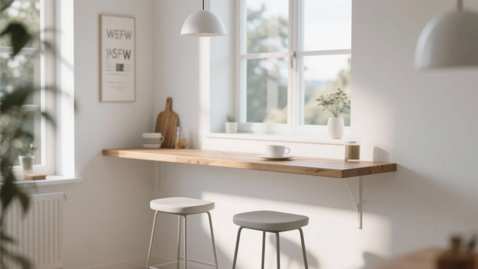 Minimalist wood floating breakfast bar mounted on a white wall under a window with stools