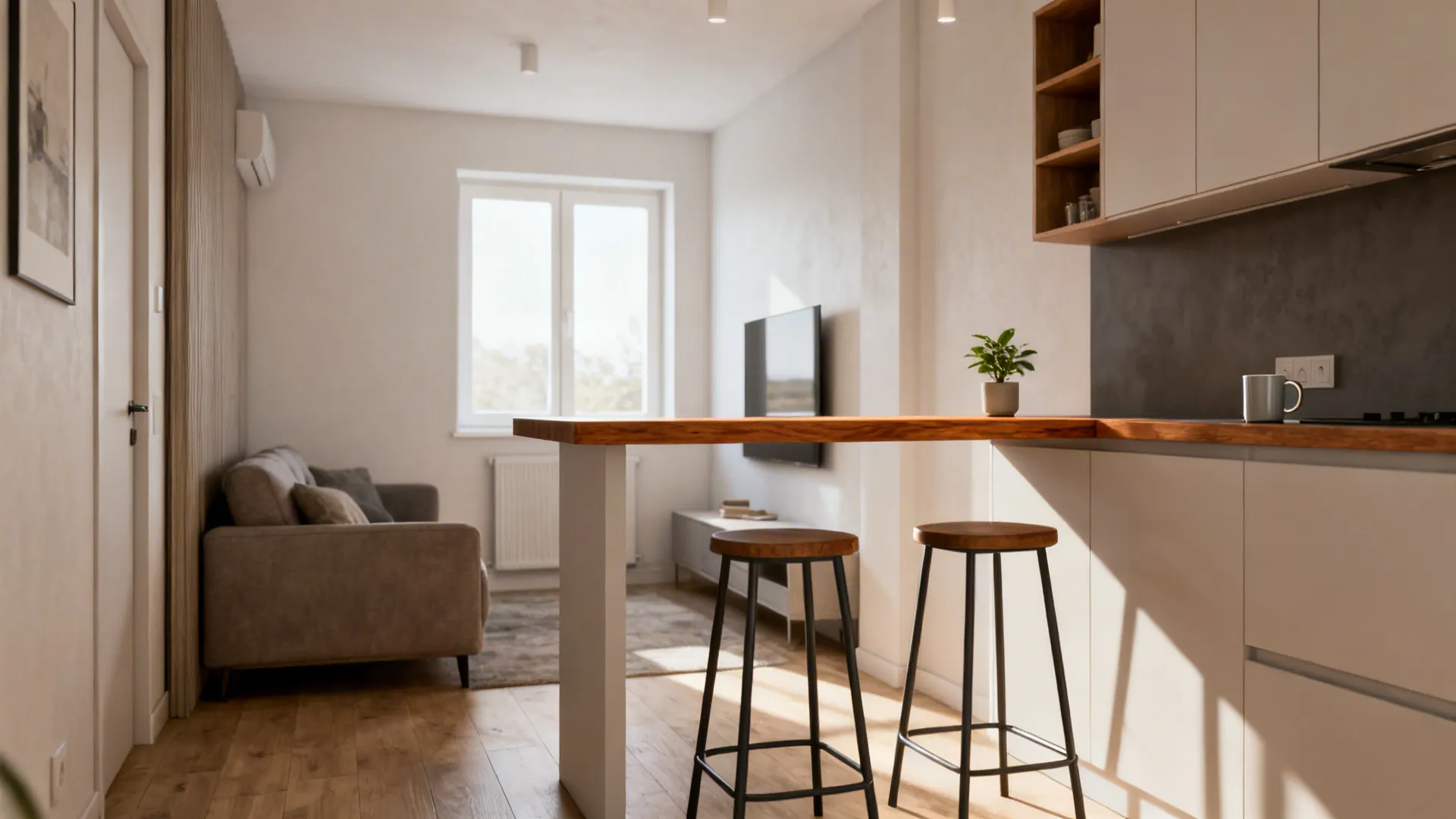 Slim floating breakfast bar dividing kitchen and living area with stools and open shelving