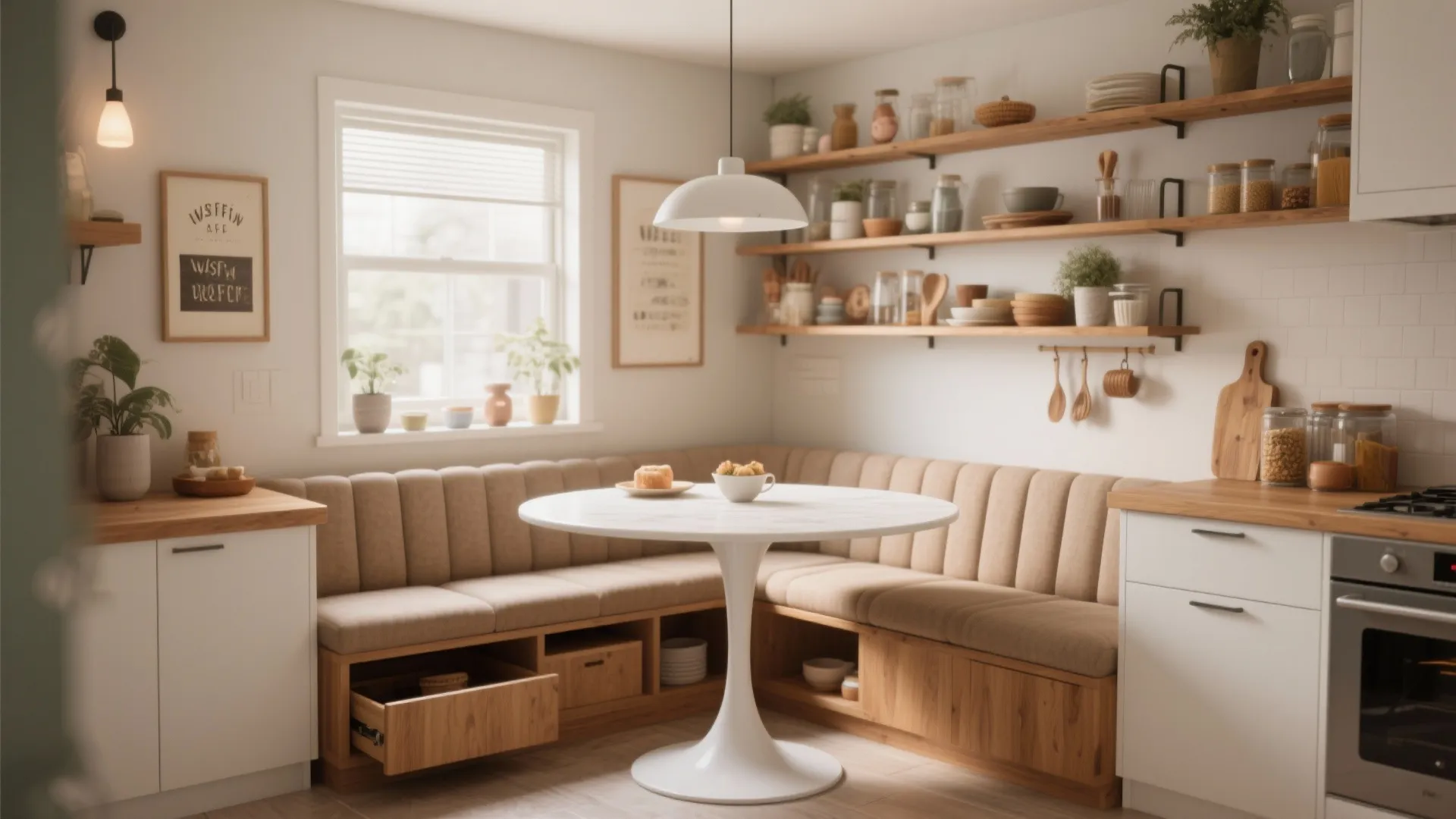 1. Floating breakfast nook with built-in bench