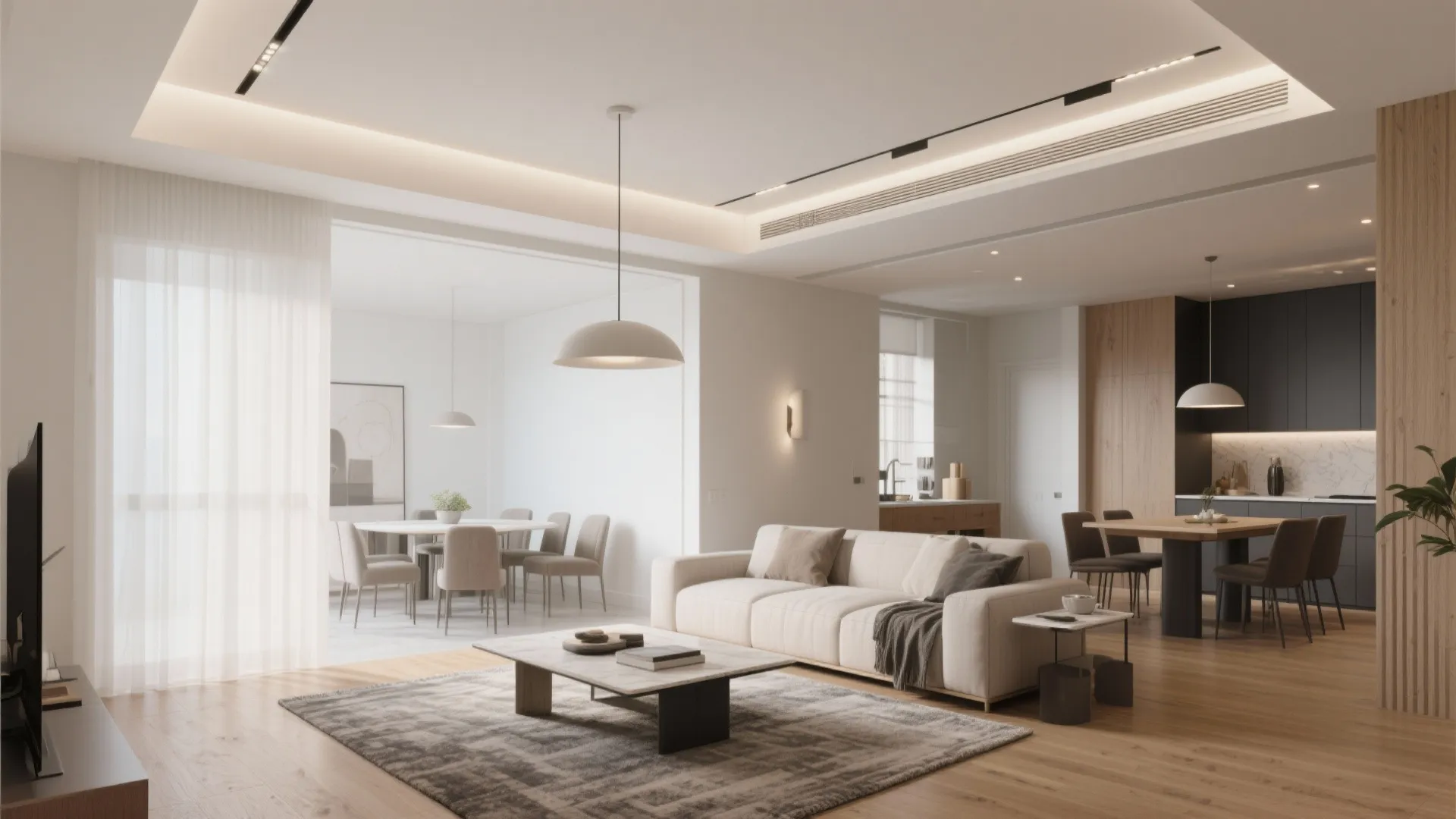 Open plan living room and kitchen area with white sofa dining table and ceiling lights