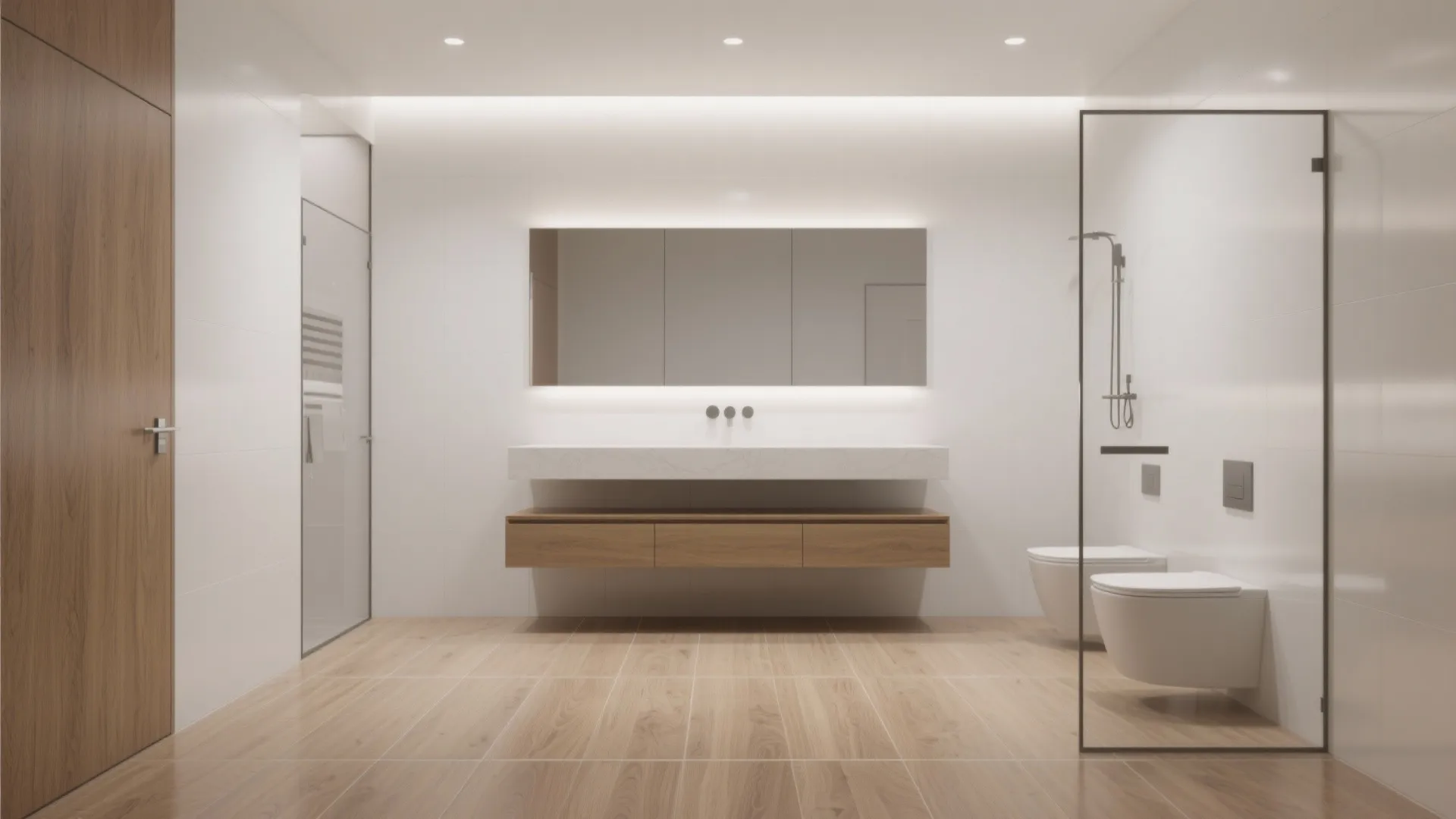 Modern white bathroom with floating wood cabinet white stone counter glass shower and wooden floor