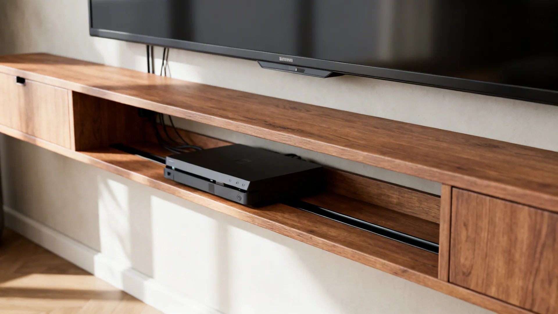Close-up of a narrow floating cabinet beneath a wall-mounted TV showing hidden cable channel