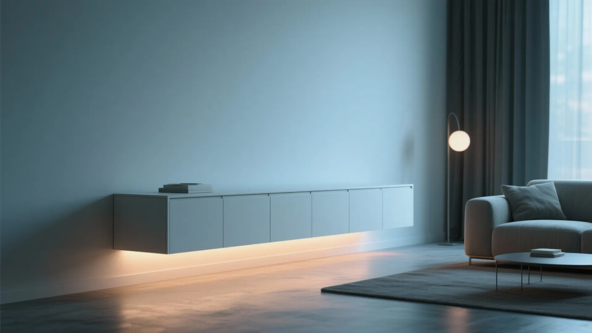 Floating base cabinet with under-cabinet LED lighting