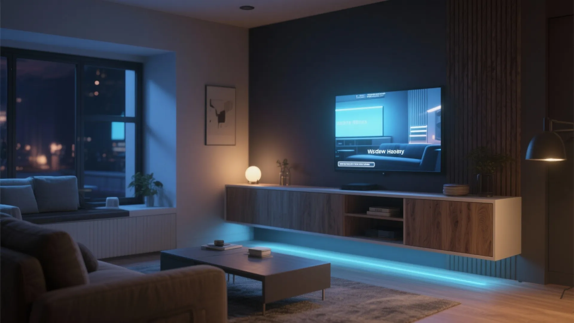 Floating media cabinet with base LED lighting