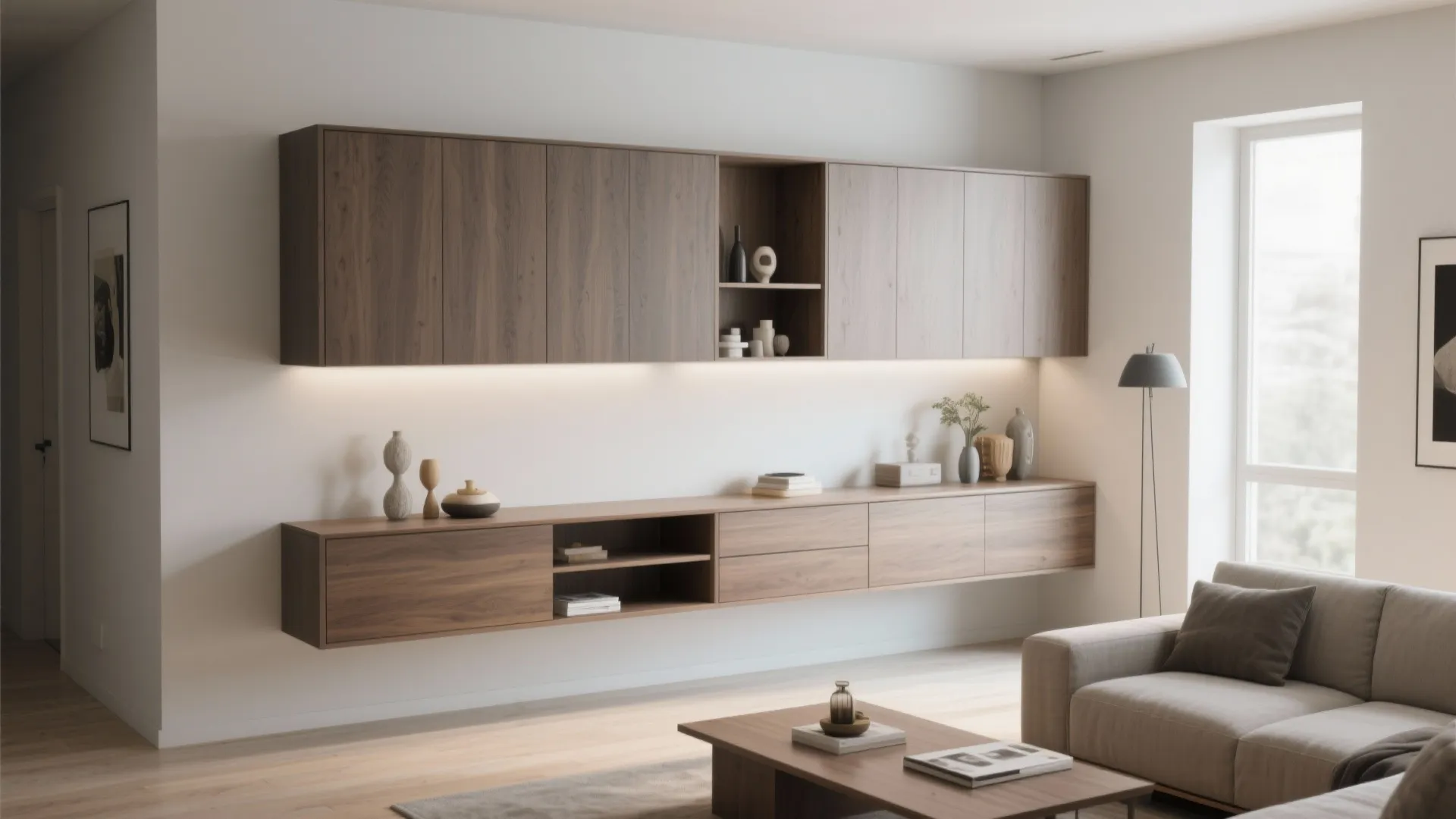 9. Floating Cabinets with Open Tops