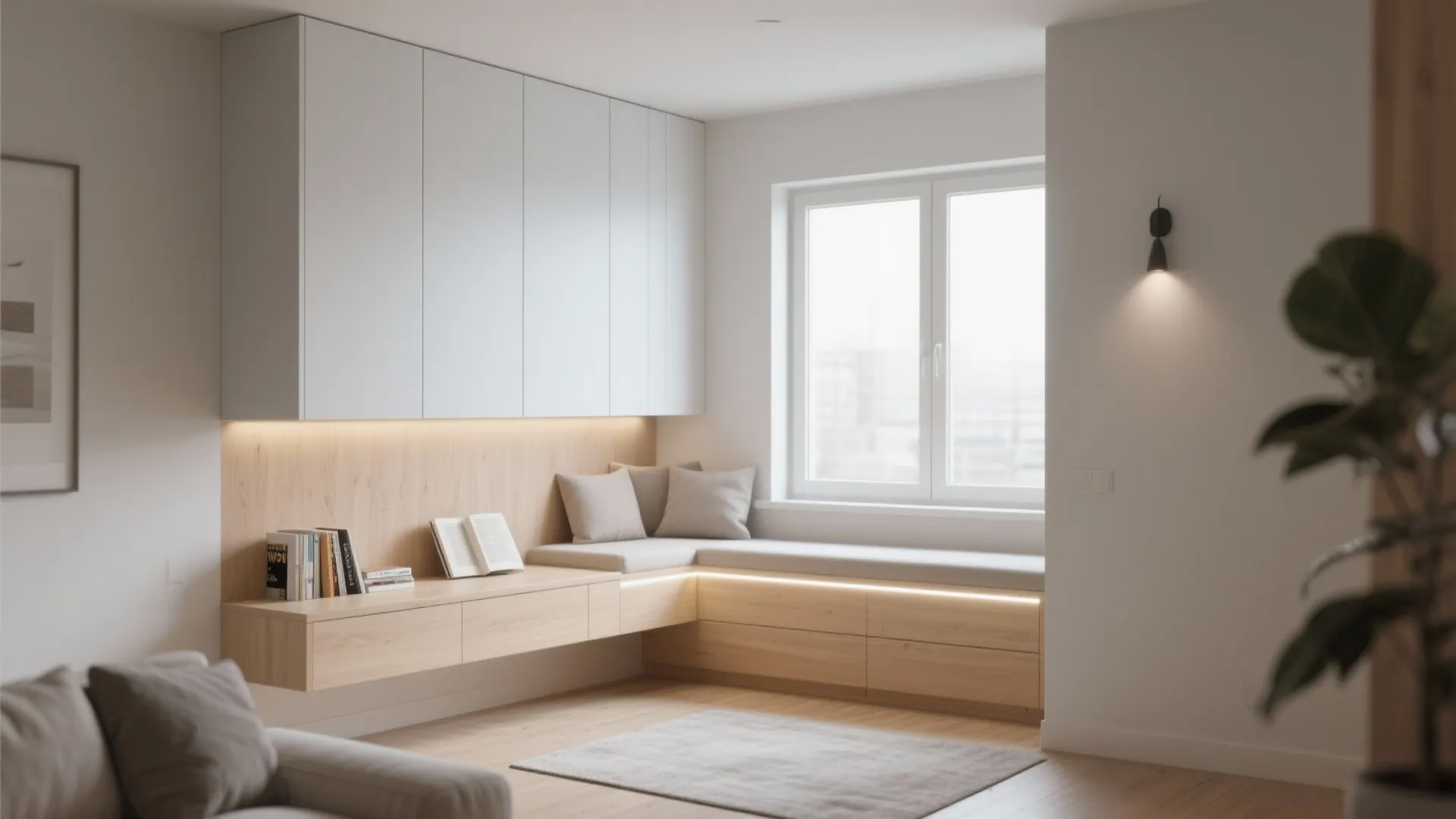 Minimalist floating cabinets in small living room reading nook