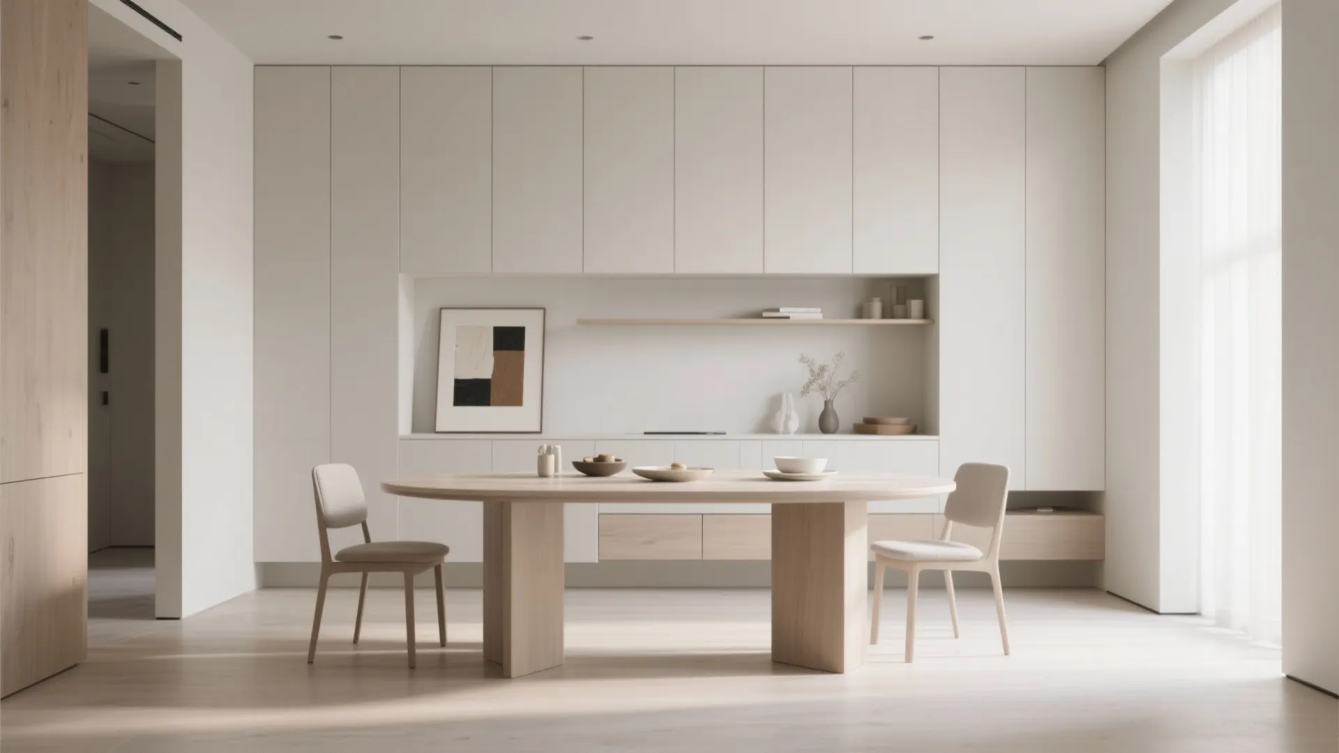 Minimalist floating dining room cabinets with floor space underneath