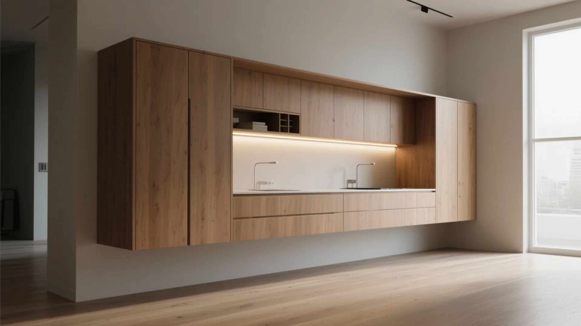 Minimalist wooden floating kitchen cabinet design with warm lighting and clean white walls and floor