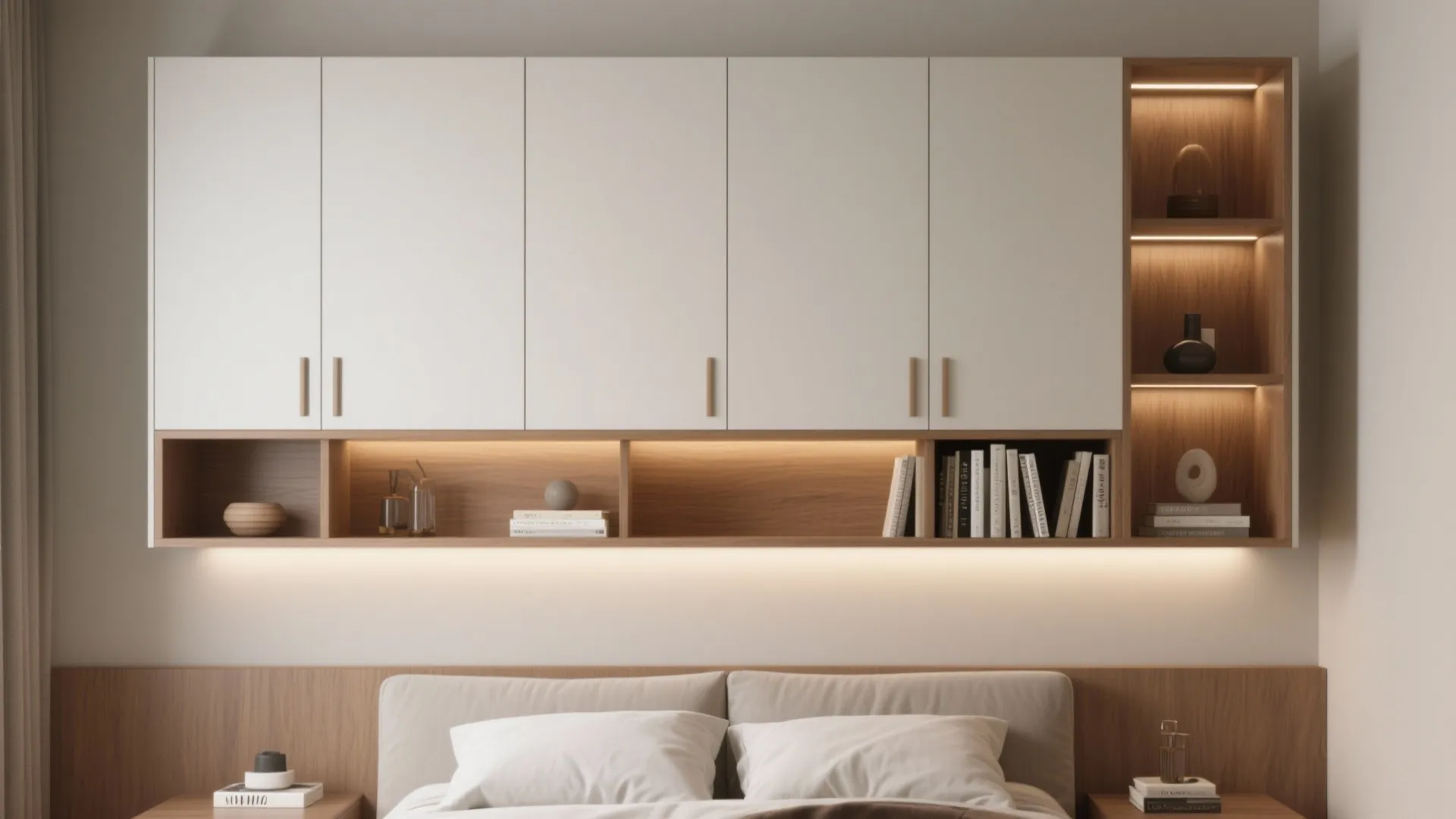 Modern white wall mounted bedroom cabinets with wooden open shelves and built in warm lighting