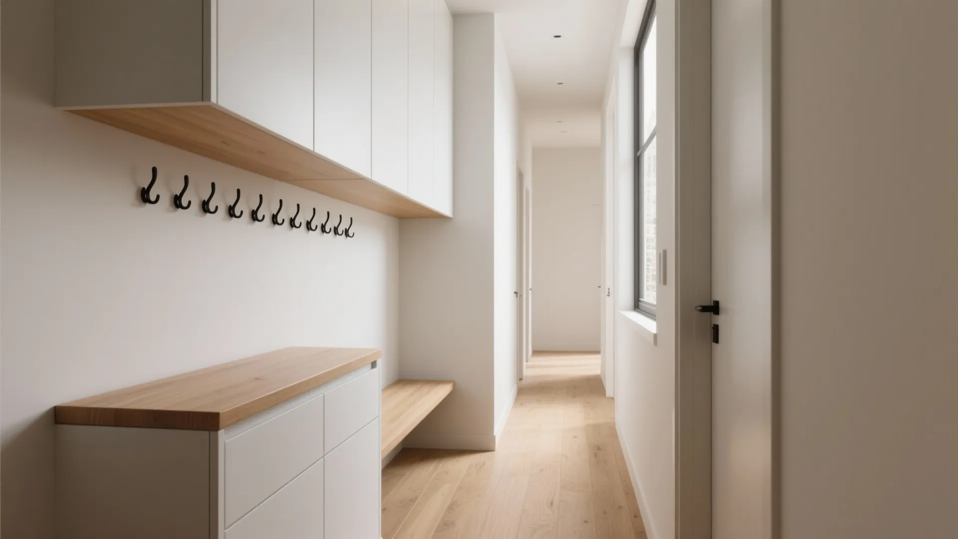 Modern hallway with white floating cabinets black wall hooks wooden bench and bright wood floor