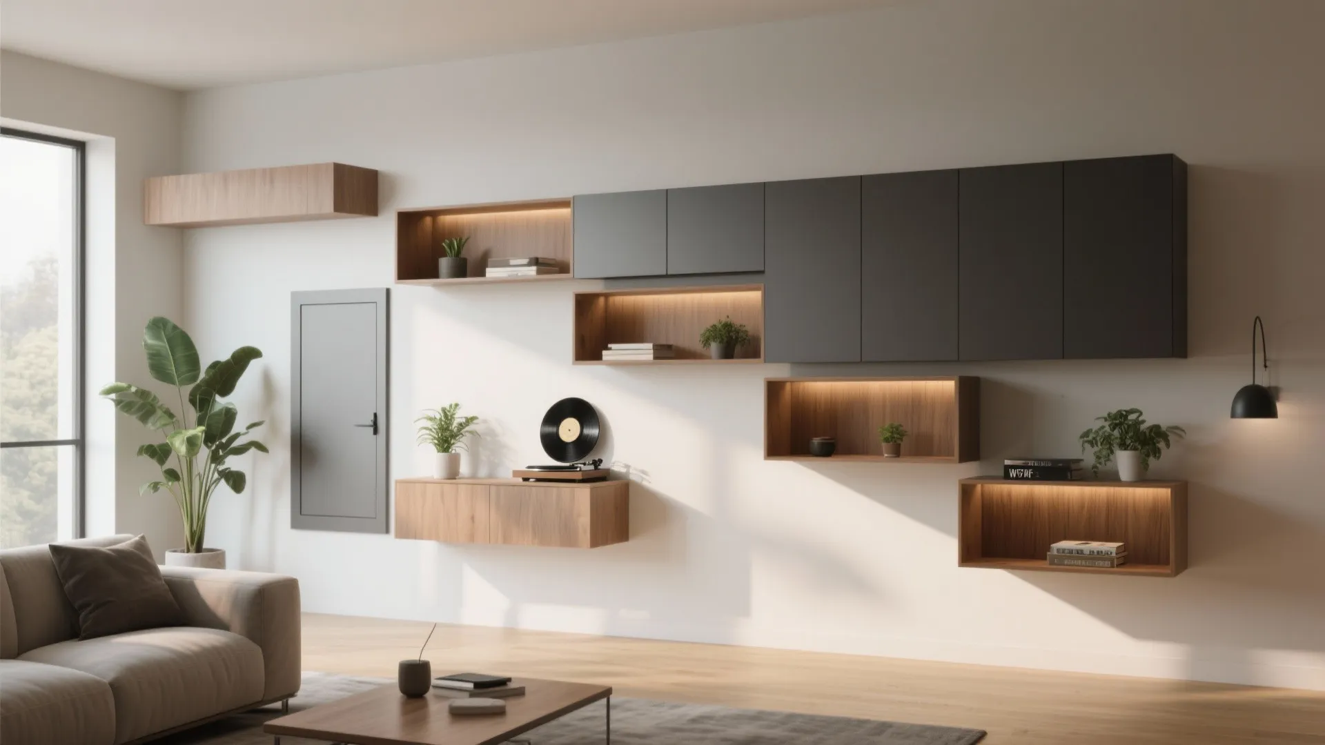 3. Slim floating cabinetry to define zones